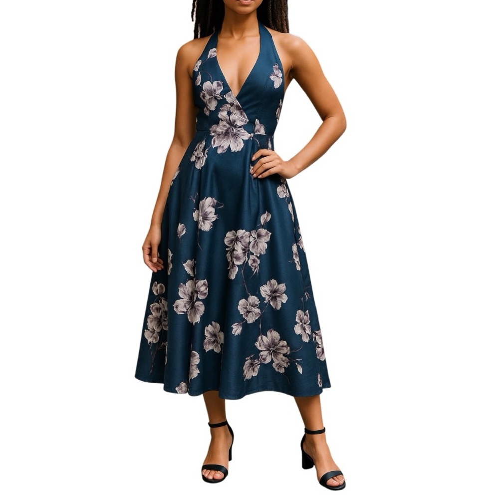 Y2K Halter Midi Dress Size 3 Coquette Babydoll Prom Floral Wedding Guest Elegant